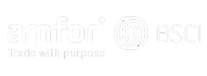 Logo van amfori BSCI met de slogan "Trade with purpose" op een zwarte achtergrond.
